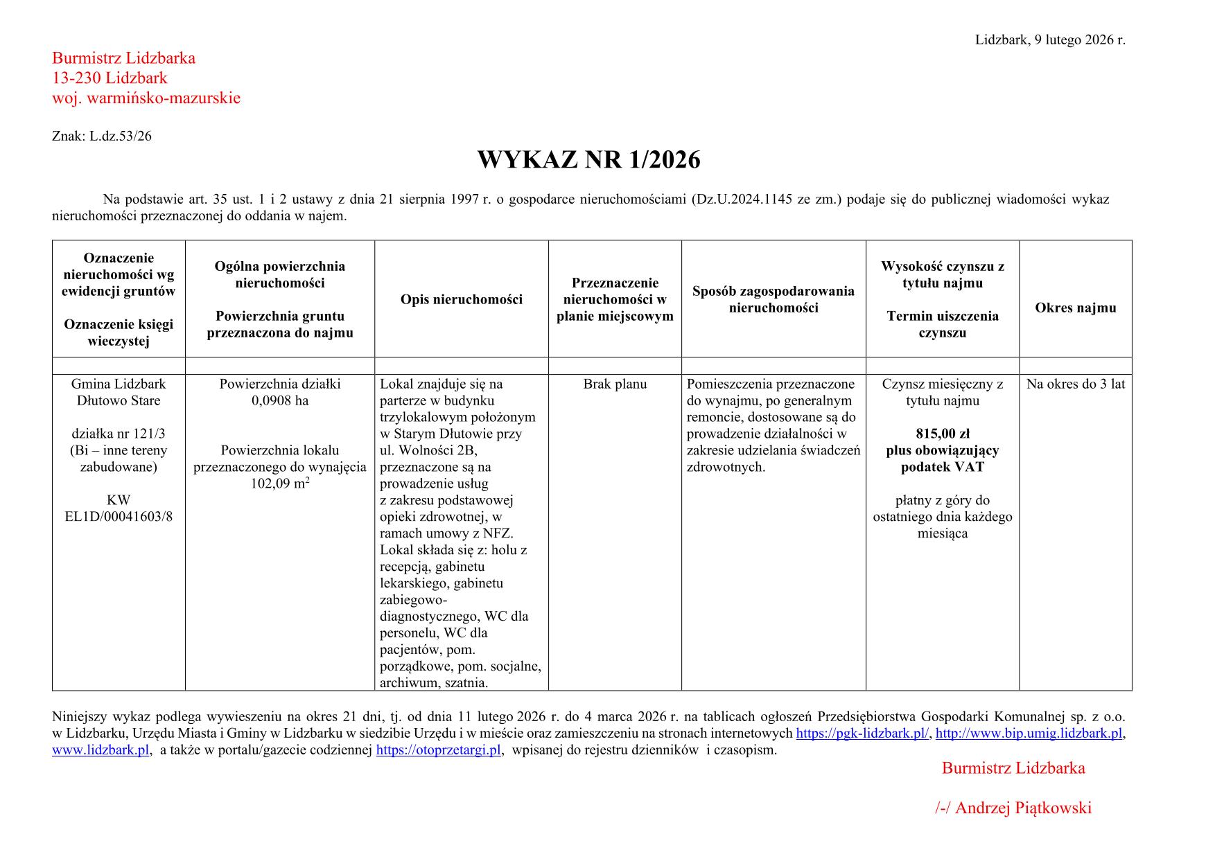 Wykaz Nr 1/2026 - Nieruchomość do oddania w najem - obr. Dłutowo Stare, dz. nr 121/3